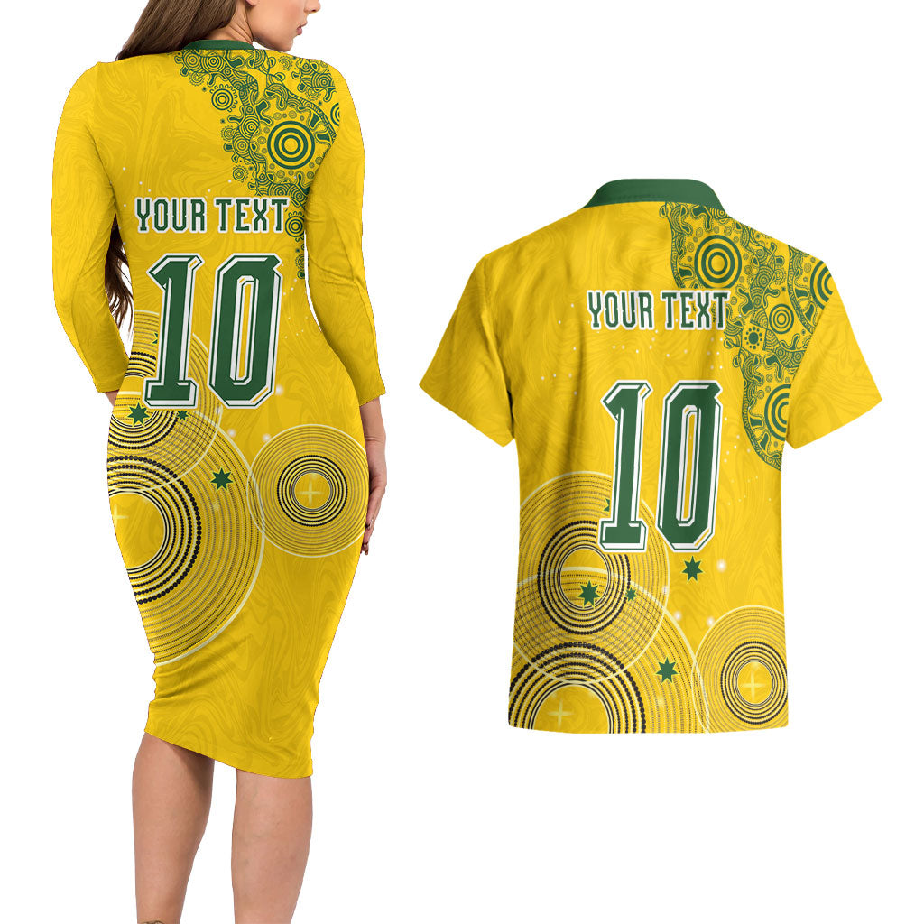 Custom Australia National Football Couples Matching Long Sleeve Bodycon Dress and Hawaiian Shirt Socceroos-Aboriginal Dot Art Heritage Graphic