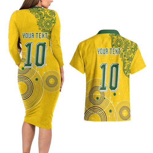Custom Australia National Football Couples Matching Long Sleeve Bodycon Dress and Hawaiian Shirt Socceroos-Aboriginal Dot Art Heritage Graphic