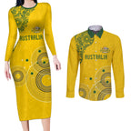 Custom Australia National Football Couples Matching Long Sleeve Bodycon Dress and Long Sleeve Button Shirt Socceroos-Aboriginal Dot Art Heritage Graphic