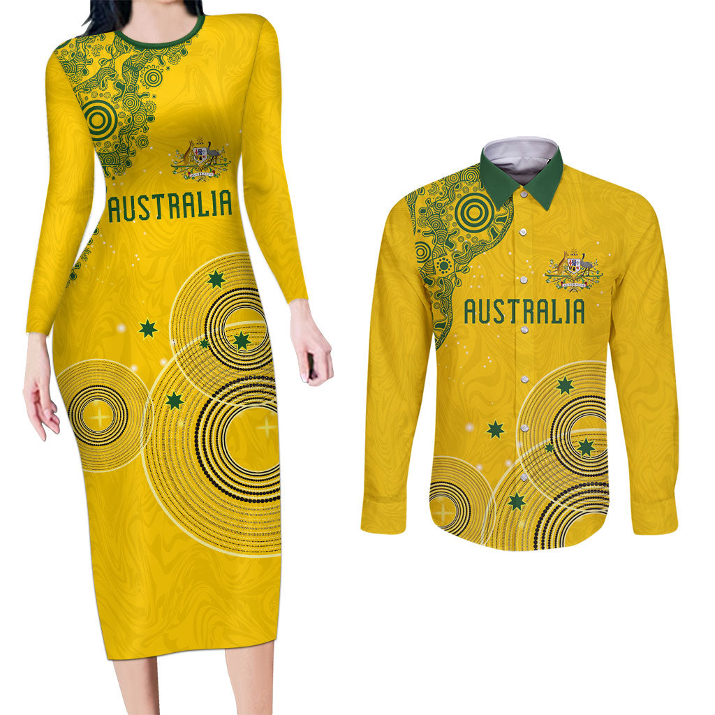 Custom Australia National Football Couples Matching Long Sleeve Bodycon Dress and Long Sleeve Button Shirt Socceroos-Aboriginal Dot Art Heritage Graphic