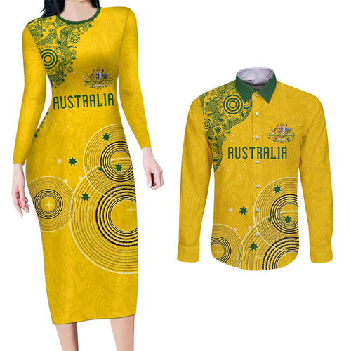 Custom Australia National Football Couples Matching Long Sleeve Bodycon Dress and Long Sleeve Button Shirt Socceroos-Aboriginal Dot Art Heritage Graphic
