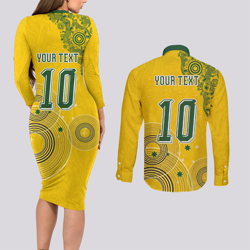Custom Australia National Football Couples Matching Long Sleeve Bodycon Dress and Long Sleeve Button Shirt Socceroos-Aboriginal Dot Art Heritage Graphic