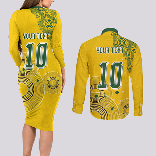 Custom Australia National Football Couples Matching Long Sleeve Bodycon Dress and Long Sleeve Button Shirt Socceroos-Aboriginal Dot Art Heritage Graphic