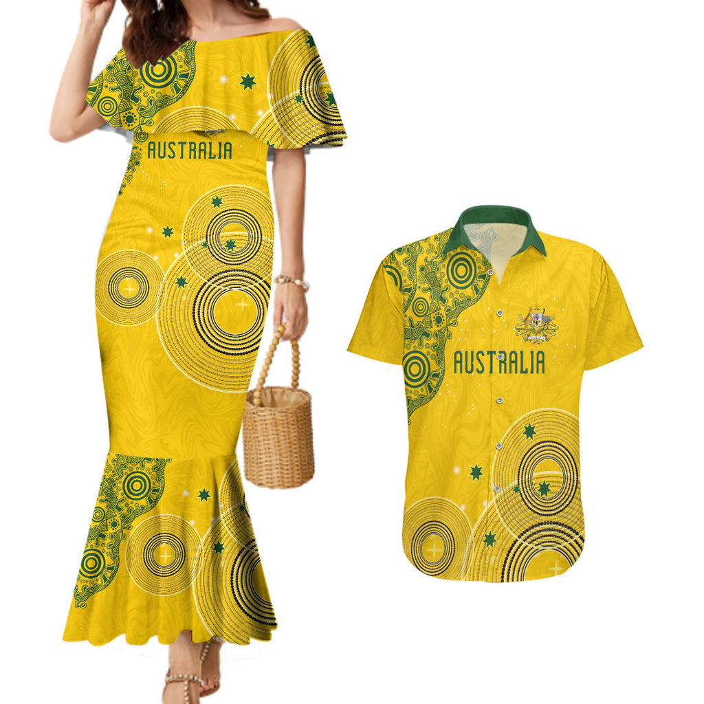 Custom Australia National Football Couples Matching Mermaid Dress and Hawaiian Shirt Socceroos-Aboriginal Dot Art Heritage Graphic