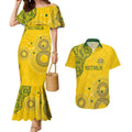 Custom Australia National Football Couples Matching Mermaid Dress and Hawaiian Shirt Socceroos-Aboriginal Dot Art Heritage Graphic