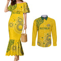 Custom Australia National Football Couples Matching Mermaid Dress and Long Sleeve Button Shirt Socceroos-Aboriginal Dot Art Heritage Graphic