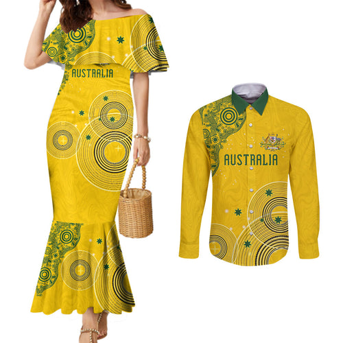 Custom Australia National Football Couples Matching Mermaid Dress and Long Sleeve Button Shirt Socceroos-Aboriginal Dot Art Heritage Graphic