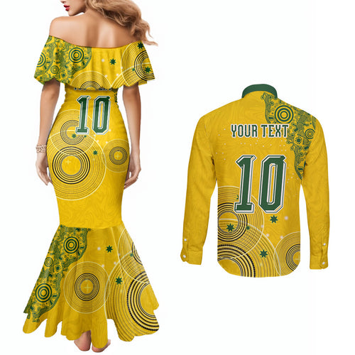 Custom Australia National Football Couples Matching Mermaid Dress and Long Sleeve Button Shirt Socceroos-Aboriginal Dot Art Heritage Graphic