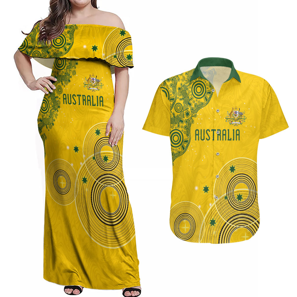 Custom Australia National Football Couples Matching Off Shoulder Maxi Dress and Hawaiian Shirt Socceroos-Aboriginal Dot Art Heritage Graphic