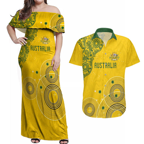Custom Australia National Football Couples Matching Off Shoulder Maxi Dress and Hawaiian Shirt Socceroos-Aboriginal Dot Art Heritage Graphic
