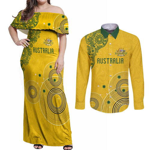 Custom Australia National Football Couples Matching Off Shoulder Maxi Dress and Long Sleeve Button Shirt Socceroos-Aboriginal Dot Art Heritage Graphic