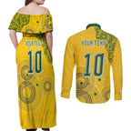 Custom Australia National Football Couples Matching Off Shoulder Maxi Dress and Long Sleeve Button Shirt Socceroos-Aboriginal Dot Art Heritage Graphic