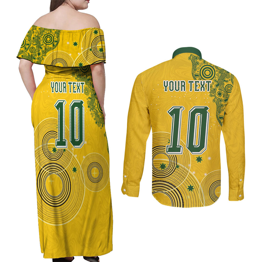 Custom Australia National Football Couples Matching Off Shoulder Maxi Dress and Long Sleeve Button Shirt Socceroos-Aboriginal Dot Art Heritage Graphic