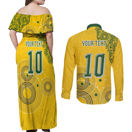 Custom Australia National Football Couples Matching Off Shoulder Maxi Dress and Long Sleeve Button Shirt Socceroos-Aboriginal Dot Art Heritage Graphic