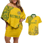 Custom Australia National Football Couples Matching Off Shoulder Short Dress and Hawaiian Shirt Socceroos-Aboriginal Dot Art Heritage Graphic