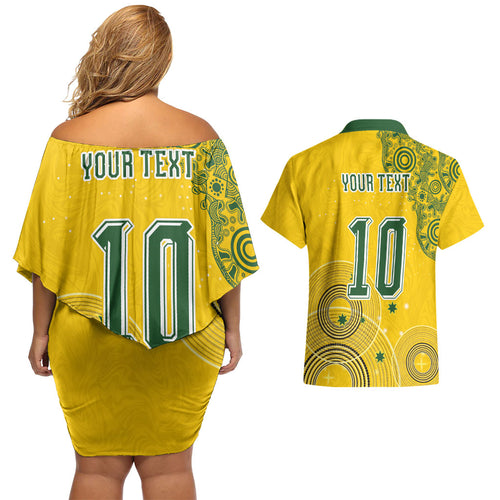 Custom Australia National Football Couples Matching Off Shoulder Short Dress and Hawaiian Shirt Socceroos-Aboriginal Dot Art Heritage Graphic