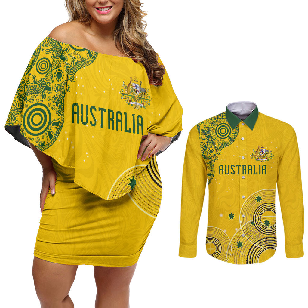 Custom Australia National Football Couples Matching Off Shoulder Short Dress and Long Sleeve Button Shirt Socceroos-Aboriginal Dot Art Heritage Graphic