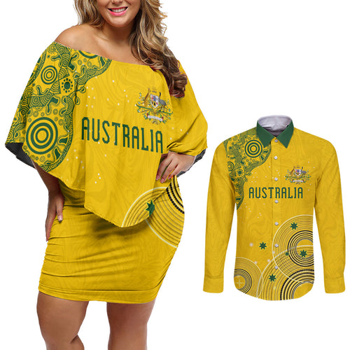 Custom Australia National Football Couples Matching Off Shoulder Short Dress and Long Sleeve Button Shirt Socceroos-Aboriginal Dot Art Heritage Graphic