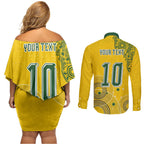 Custom Australia National Football Couples Matching Off Shoulder Short Dress and Long Sleeve Button Shirt Socceroos-Aboriginal Dot Art Heritage Graphic