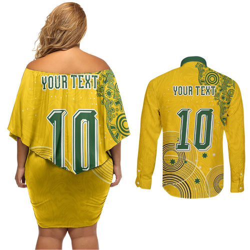 Custom Australia National Football Couples Matching Off Shoulder Short Dress and Long Sleeve Button Shirt Socceroos-Aboriginal Dot Art Heritage Graphic