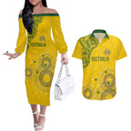 Custom Australia National Football Couples Matching Off The Shoulder Long Sleeve Dress and Hawaiian Shirt Socceroos-Aboriginal Dot Art Heritage Graphic