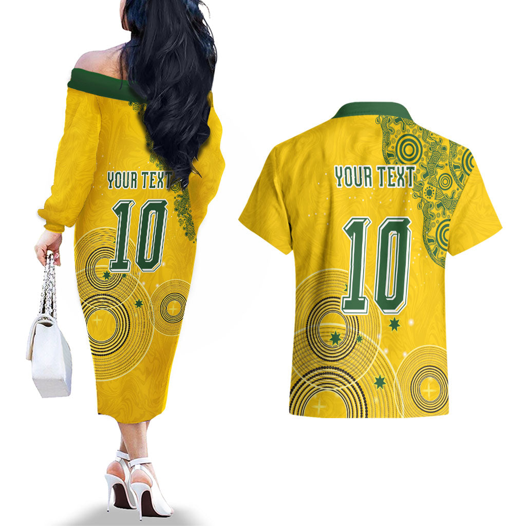 Custom Australia National Football Couples Matching Off The Shoulder Long Sleeve Dress and Hawaiian Shirt Socceroos-Aboriginal Dot Art Heritage Graphic