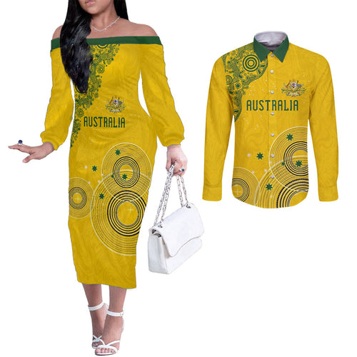 Custom Australia National Football Couples Matching Off The Shoulder Long Sleeve Dress and Long Sleeve Button Shirt Socceroos-Aboriginal Dot Art Heritage Graphic