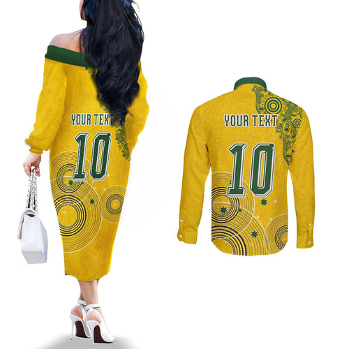 Custom Australia National Football Couples Matching Off The Shoulder Long Sleeve Dress and Long Sleeve Button Shirt Socceroos-Aboriginal Dot Art Heritage Graphic