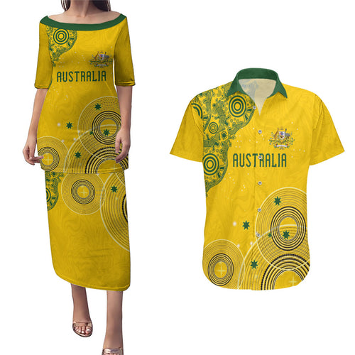 Custom Australia National Football Couples Matching Puletasi and Hawaiian Shirt Socceroos-Aboriginal Dot Art Heritage Graphic