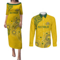 Custom Australia National Football Couples Matching Puletasi and Long Sleeve Button Shirt Socceroos-Aboriginal Dot Art Heritage Graphic
