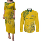 Custom Australia National Football Couples Matching Puletasi and Long Sleeve Button Shirt Socceroos-Aboriginal Dot Art Heritage Graphic