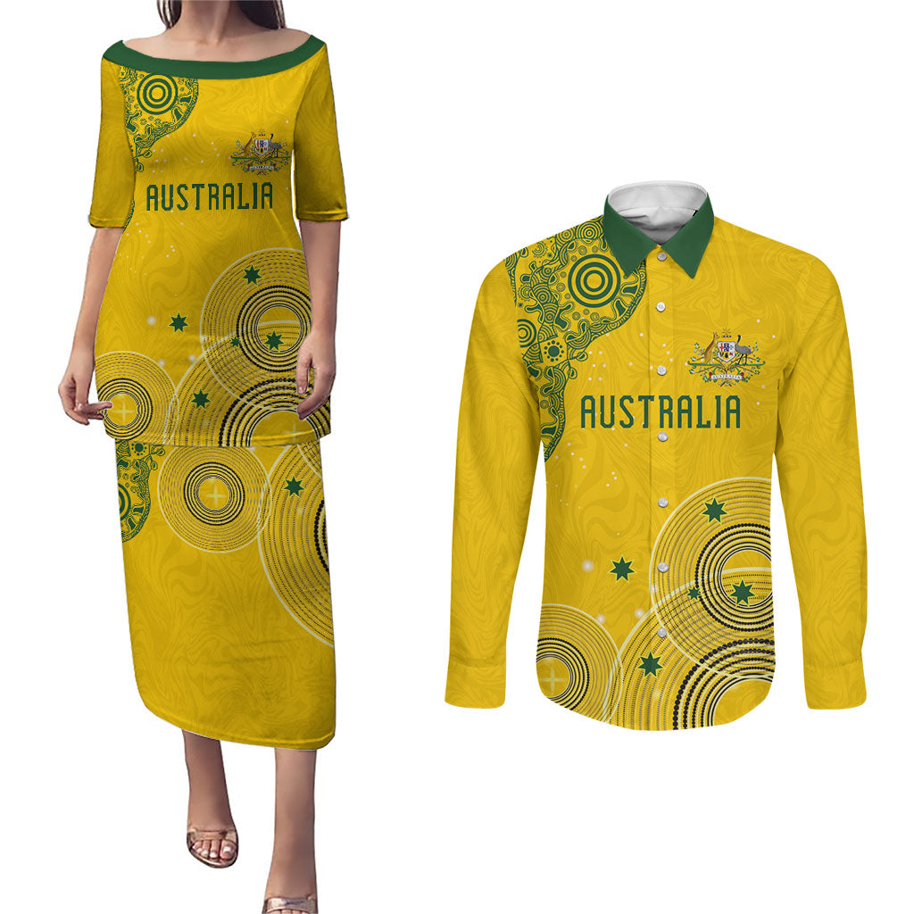 Custom Australia National Football Couples Matching Puletasi and Long Sleeve Button Shirt Socceroos-Aboriginal Dot Art Heritage Graphic