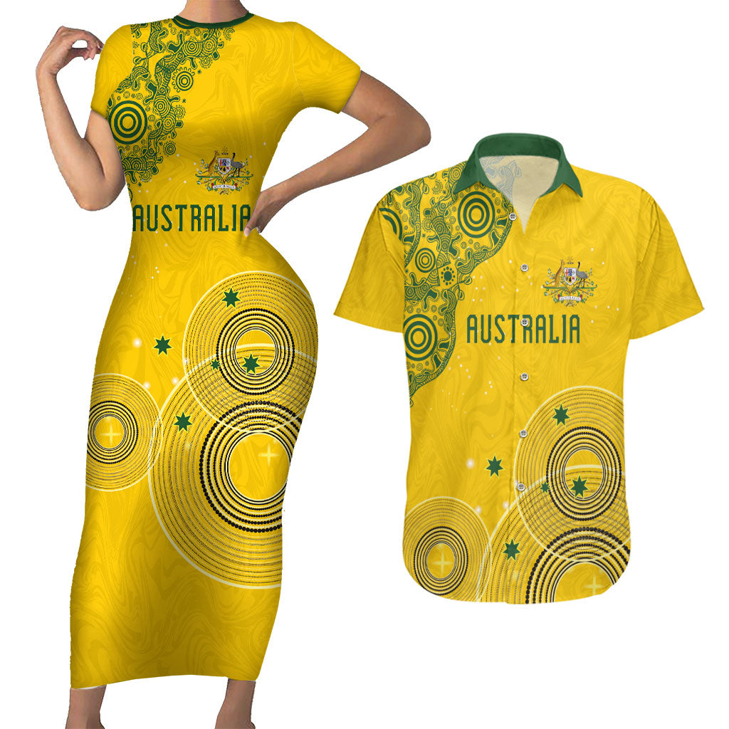 Custom Australia National Football Couples Matching Short Sleeve Bodycon Dress and Hawaiian Shirt Socceroos-Aboriginal Dot Art Heritage Graphic