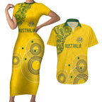 Custom Australia National Football Couples Matching Short Sleeve Bodycon Dress and Hawaiian Shirt Socceroos-Aboriginal Dot Art Heritage Graphic