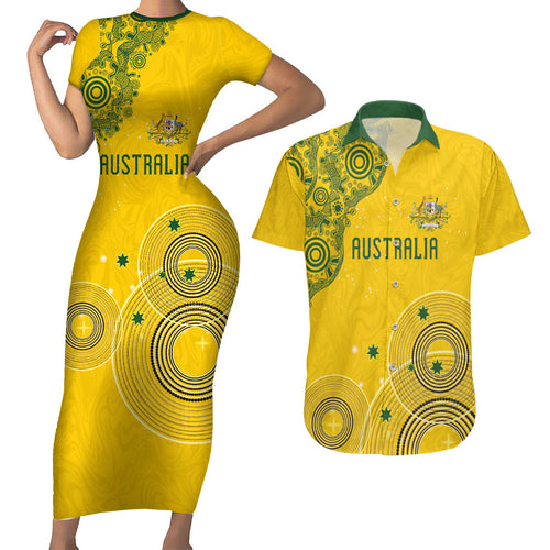Custom Australia National Football Couples Matching Short Sleeve Bodycon Dress and Hawaiian Shirt Socceroos-Aboriginal Dot Art Heritage Graphic