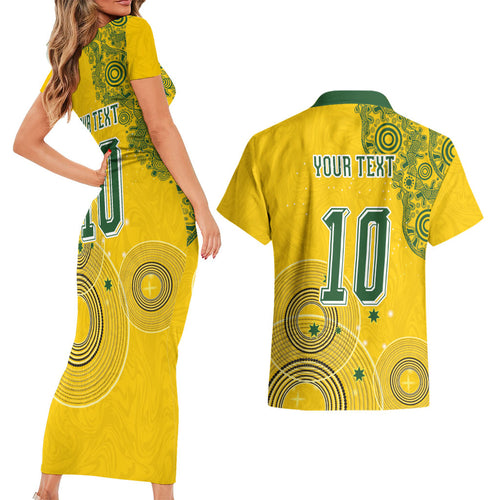 Custom Australia National Football Couples Matching Short Sleeve Bodycon Dress and Hawaiian Shirt Socceroos-Aboriginal Dot Art Heritage Graphic