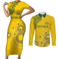 Custom Australia National Football Couples Matching Short Sleeve Bodycon Dress and Long Sleeve Button Shirt Socceroos-Aboriginal Dot Art Heritage Graphic