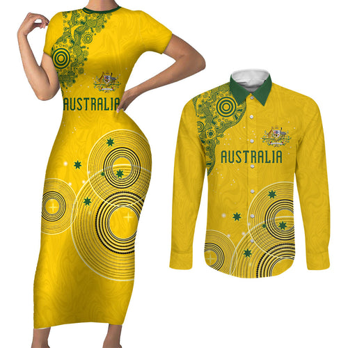Custom Australia National Football Couples Matching Short Sleeve Bodycon Dress and Long Sleeve Button Shirt Socceroos-Aboriginal Dot Art Heritage Graphic