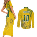 Custom Australia National Football Couples Matching Short Sleeve Bodycon Dress and Long Sleeve Button Shirt Socceroos-Aboriginal Dot Art Heritage Graphic