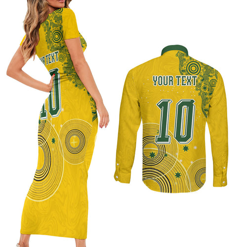 Custom Australia National Football Couples Matching Short Sleeve Bodycon Dress and Long Sleeve Button Shirt Socceroos-Aboriginal Dot Art Heritage Graphic
