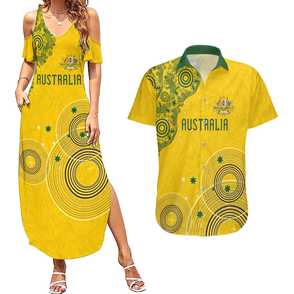 Custom Australia National Football Couples Matching Summer Maxi Dress and Hawaiian Shirt Socceroos-Aboriginal Dot Art Heritage Graphic