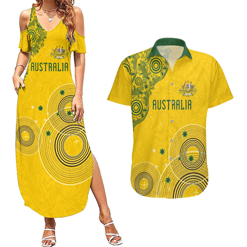 Custom Australia National Football Couples Matching Summer Maxi Dress and Hawaiian Shirt Socceroos-Aboriginal Dot Art Heritage Graphic