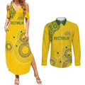 Custom Australia National Football Couples Matching Summer Maxi Dress and Long Sleeve Button Shirt Socceroos-Aboriginal Dot Art Heritage Graphic