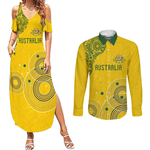 Custom Australia National Football Couples Matching Summer Maxi Dress and Long Sleeve Button Shirt Socceroos-Aboriginal Dot Art Heritage Graphic