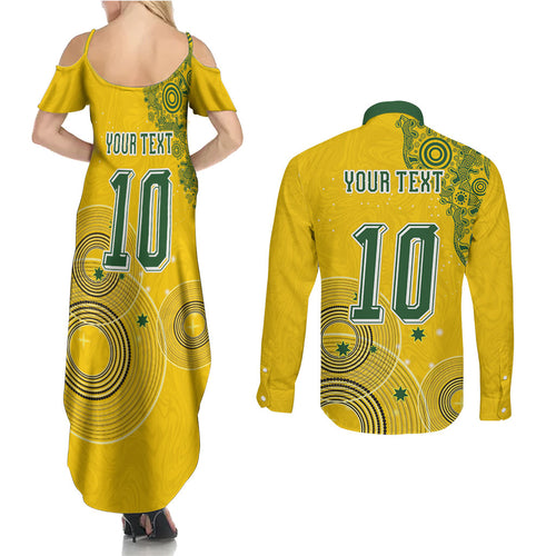 Custom Australia National Football Couples Matching Summer Maxi Dress and Long Sleeve Button Shirt Socceroos-Aboriginal Dot Art Heritage Graphic