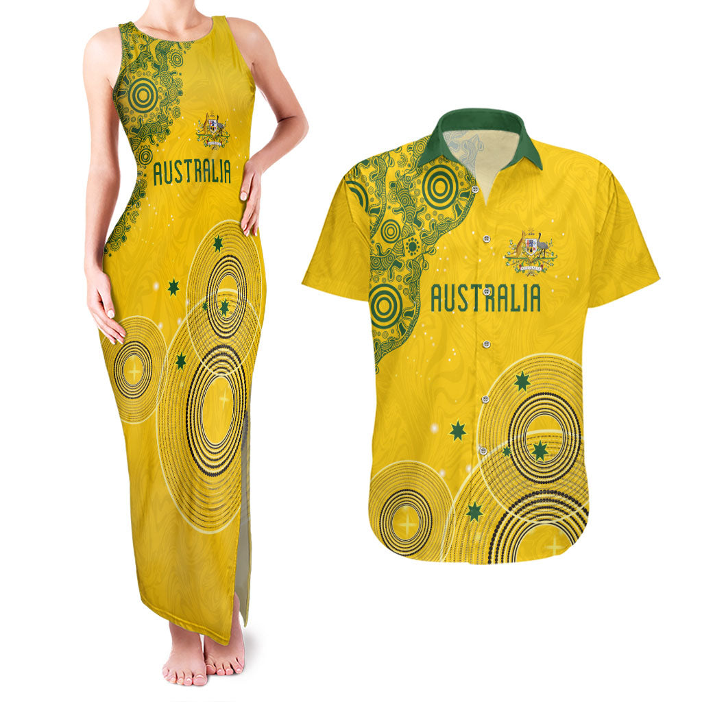 Custom Australia National Football Couples Matching Tank Maxi Dress and Hawaiian Shirt Socceroos-Aboriginal Dot Art Heritage Graphic