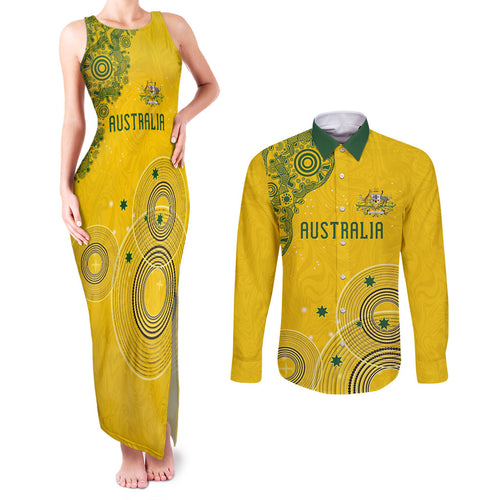 Custom Australia National Football Couples Matching Tank Maxi Dress and Long Sleeve Button Shirt Socceroos-Aboriginal Dot Art Heritage Graphic