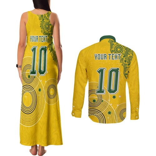 Custom Australia National Football Couples Matching Tank Maxi Dress and Long Sleeve Button Shirt Socceroos-Aboriginal Dot Art Heritage Graphic