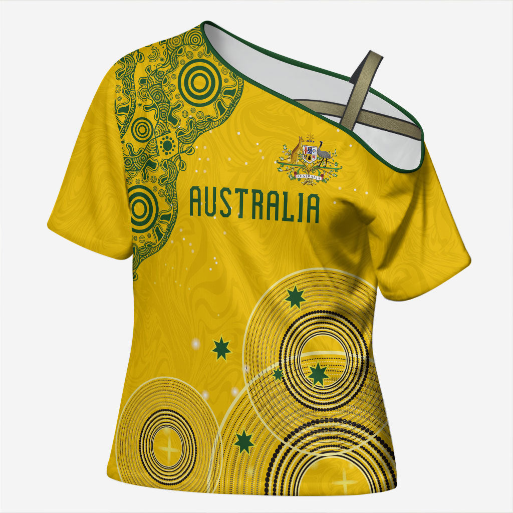 Custom Australia National Football Cross Shoulder Shirt Socceroos-Aboriginal Dot Art Heritage Graphic