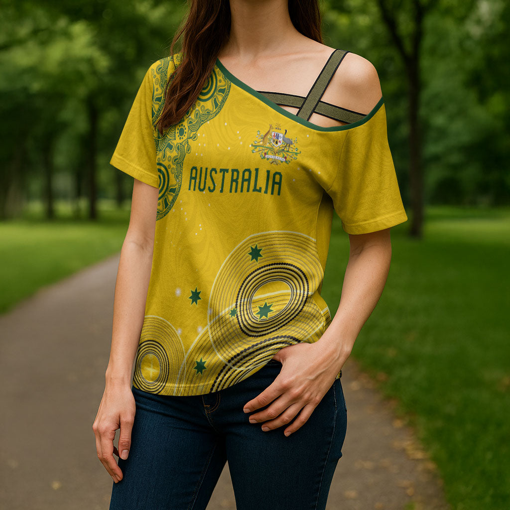 Custom Australia National Football Cross Shoulder Shirt Socceroos-Aboriginal Dot Art Heritage Graphic